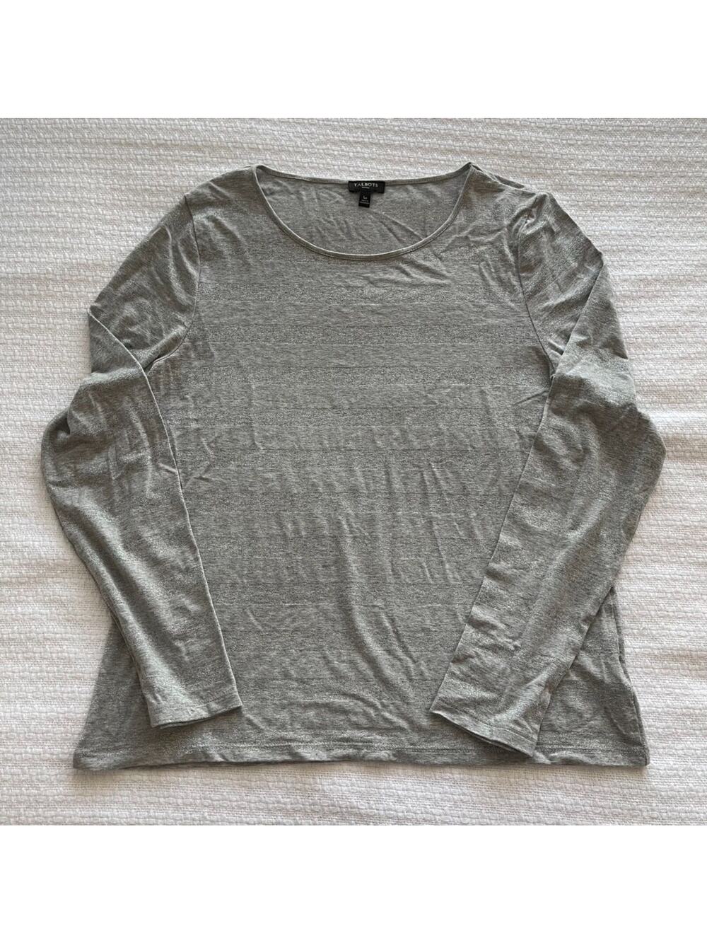 PL Talbots Long-Sleeve Gray Striped T-Shirt with Silver Metallic Thread